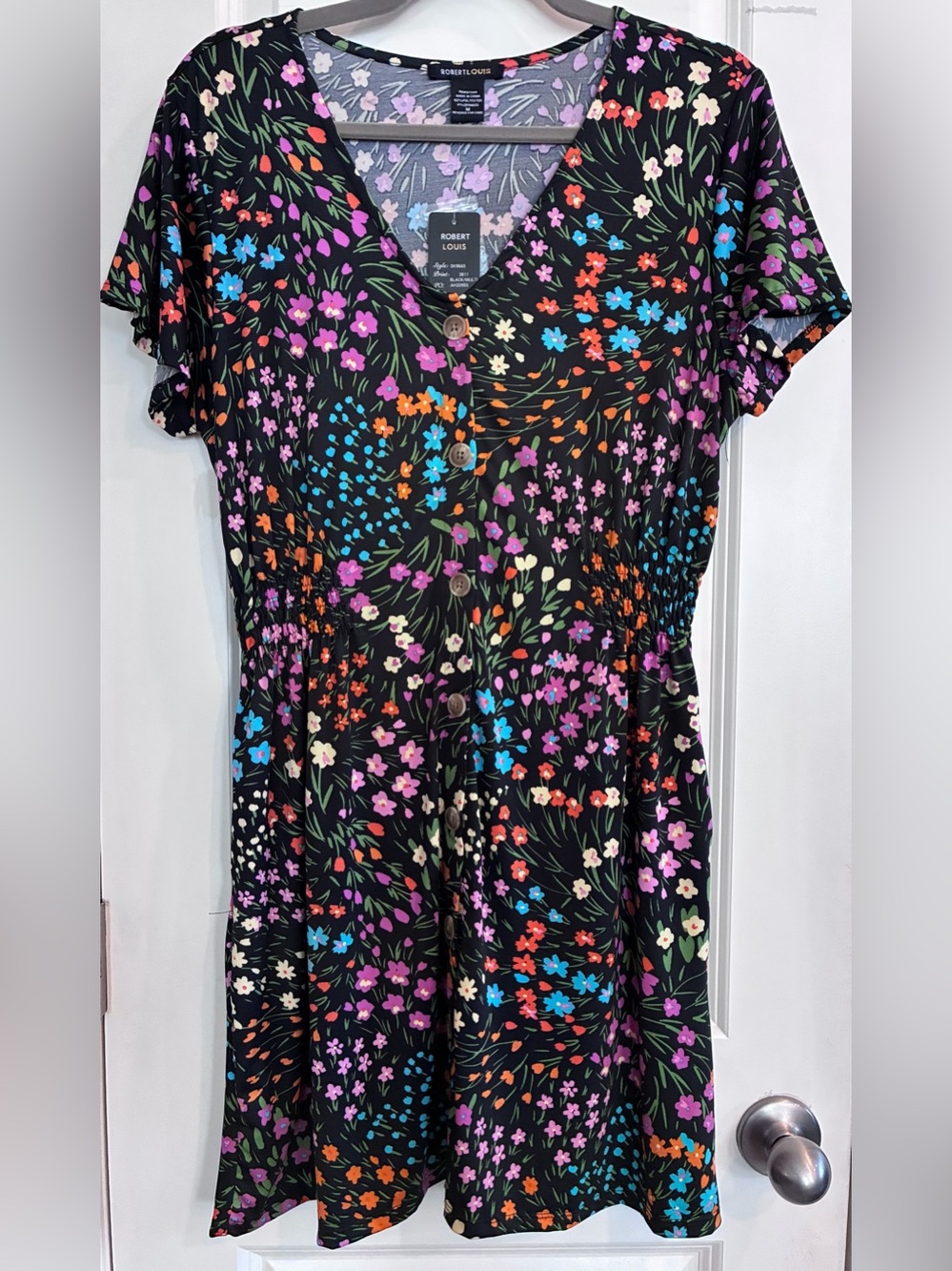 Robert Louis Black Floral Midi Dress with Multi-Color Blossoms
